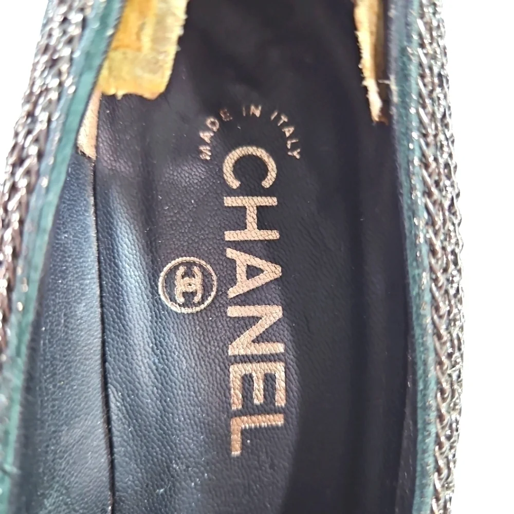 Chanel Black/Silver Suede & Black Patent Leather Platform Heels